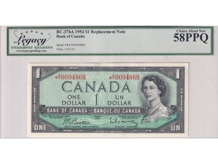 BC-37bA 1954 Canada $1 Beattie-Rasminsky Replacement, *O Y, Legacy Certified AU-58 PPQ Cheap