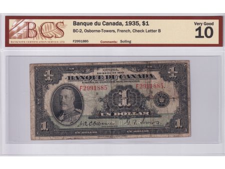 BC-2 1935 Canada $1 Osborne-Towers, French, Check B, BCS Certified VG-10 (Soiling) Fashion