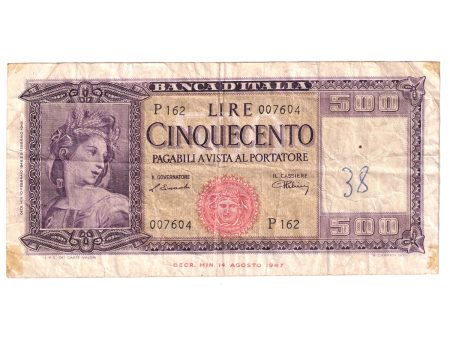 Italy Note, 1948 500 Lire, Pick #80a, VF (Writing) For Sale