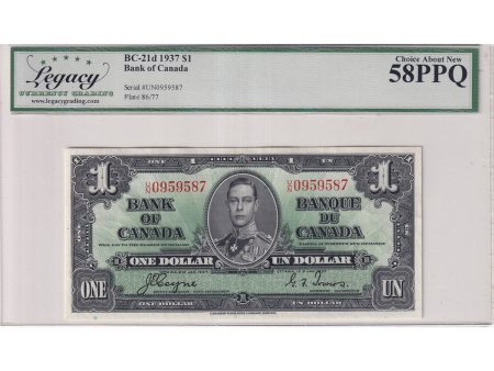 BC-21d 1937 Canada $1 Coyne-Towers, U N, Legacy Certified AU-58 PPQ For Cheap